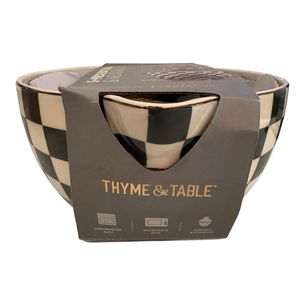 Thyme & Table 5-Piece Ceramic Mixing Bowl and Measuring‎ Set - Black Checkered